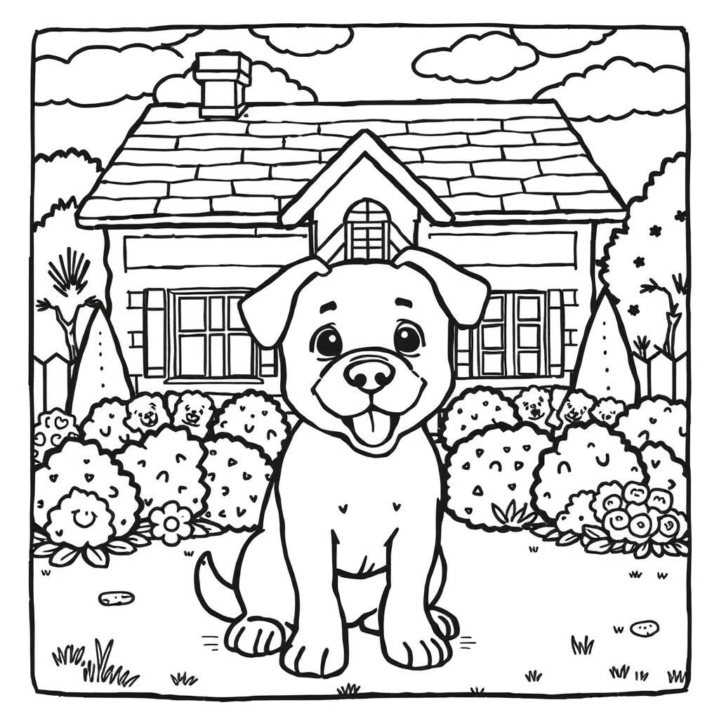 coloring page of a dog in front of a house
