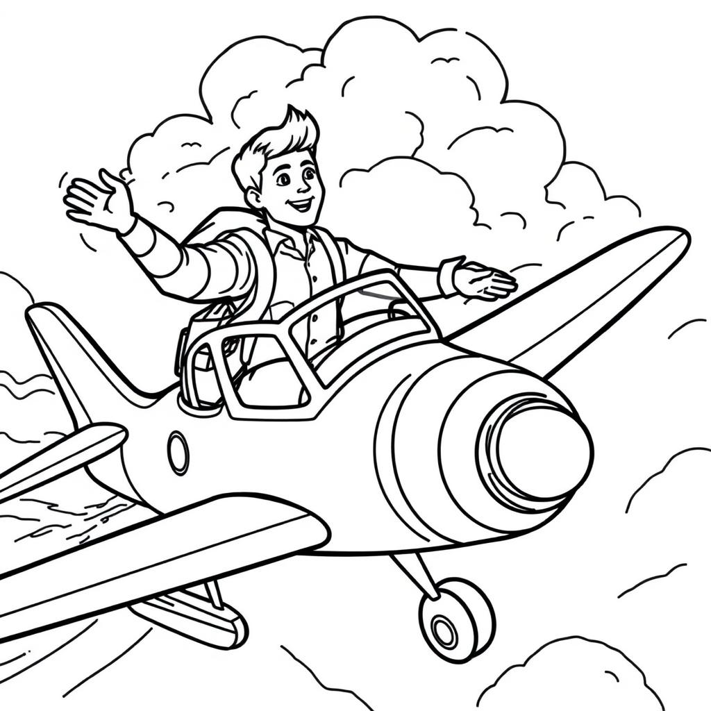 coloring page of a man flying an airplane.