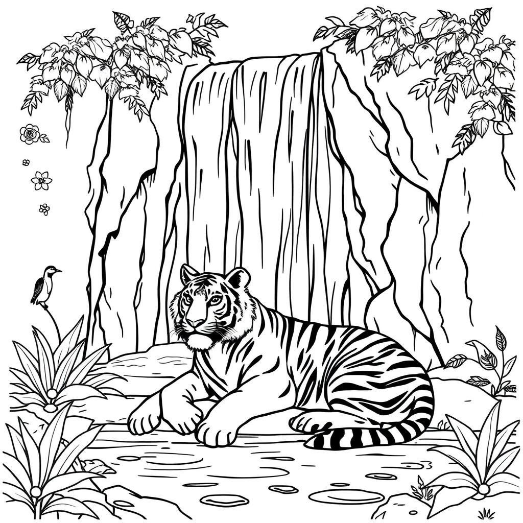 coloring page of a tiger resting under a waterfall. line art, black and white, white background