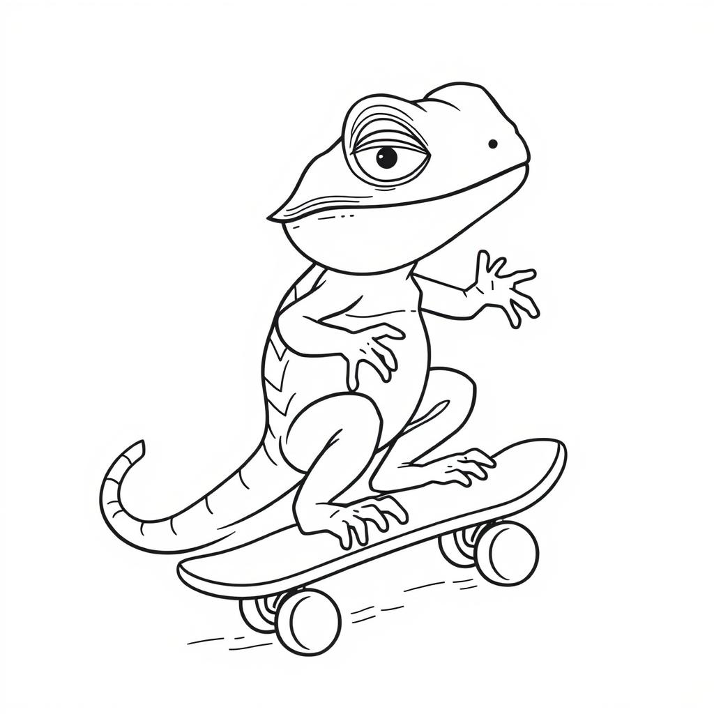 coloring pages, coloring book page, cute Lizard riding a skateboard, white background
