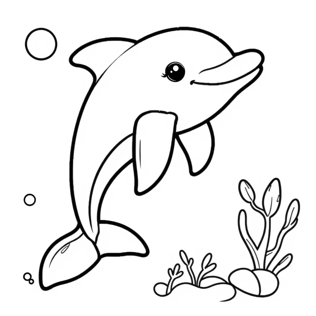 c0l0ringb00k, coloring book page, white background, line art, black and white. A cute dolphin
