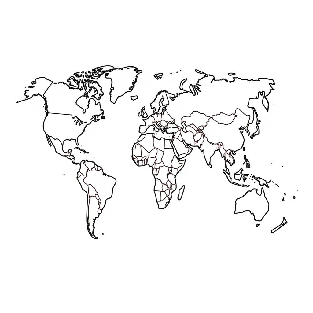 c0l0ringb00k, coloring book page, white background, line art, black and white. world map