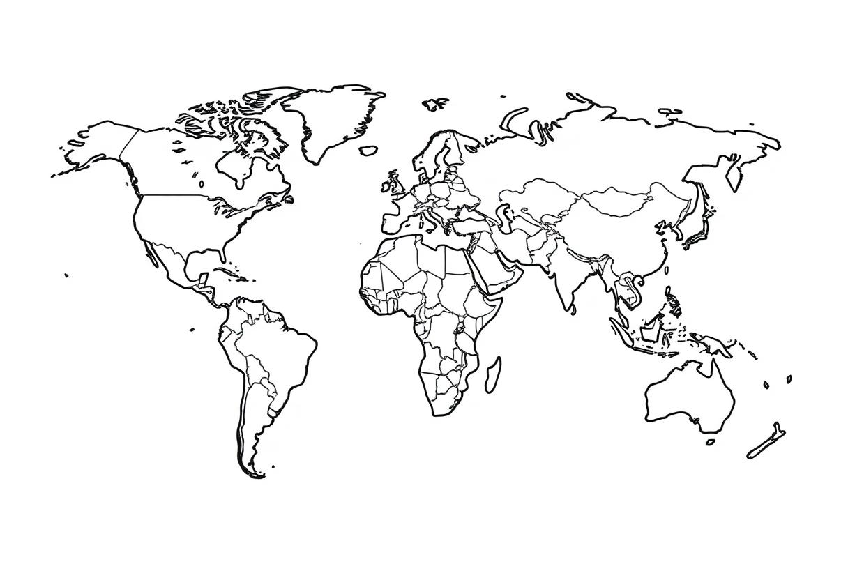 c0l0ringb00k, coloring book page, white background, line art, black and white. world map