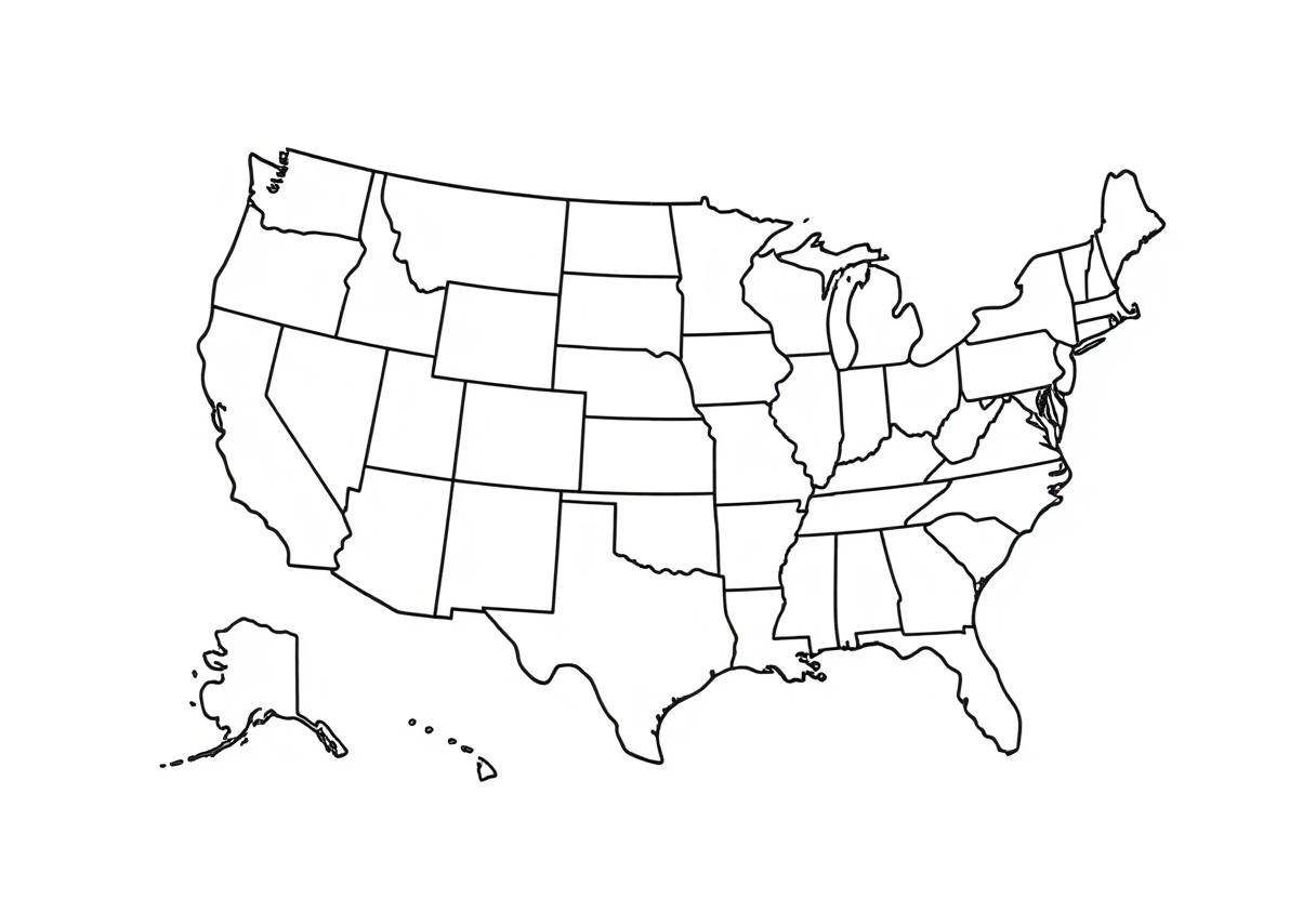 c0l0ringb00k, coloring book page, white background, line art, black and white. USA map