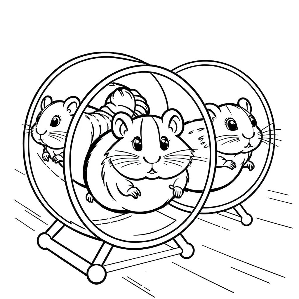 c0l0ringb00k, coloring book page, white background, line art, black and white. A group of hamster friends racing in exercise wheels