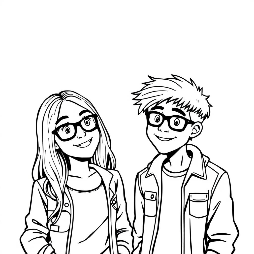 coloring book page, white background, line art, black and white. c0l0ringb00k, coloring book page, white background, line art, black and white. Nikki and Brandon from Dork Diary