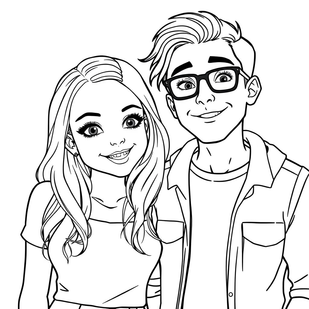 coloring book page, white background, line art, black and white. Nikki and Brandon from Dork Diary