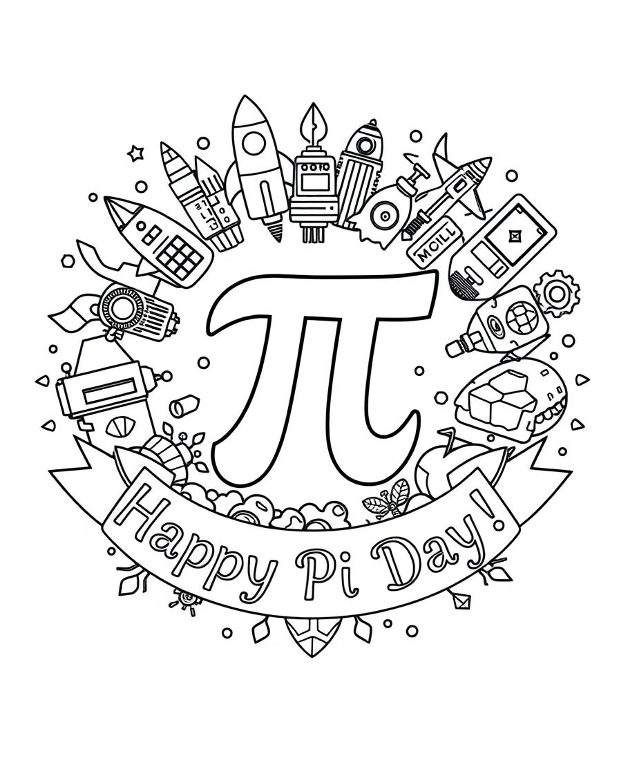 Create a black-and-white coloring page celebrating Pi Day (March 14). The design should include the mathematical symbol π prominently in the center, and surrounded by hi-tech element such as rockets, phone, AI, airplane, etc. Add fun elements such as a pie (as a playful pun on 'pi'),  and a festive banner with 'Happy Pi Day!' in bold, decorative lettering. Keep the linework clean and detailed, making it enjoyable to color for both kids and adults.
