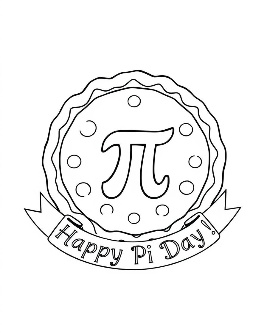 A pie with the mathematical symbol π prominently in the center.  and a festive banner with 'Happy Pi Day!' in bold, decorative lettering.