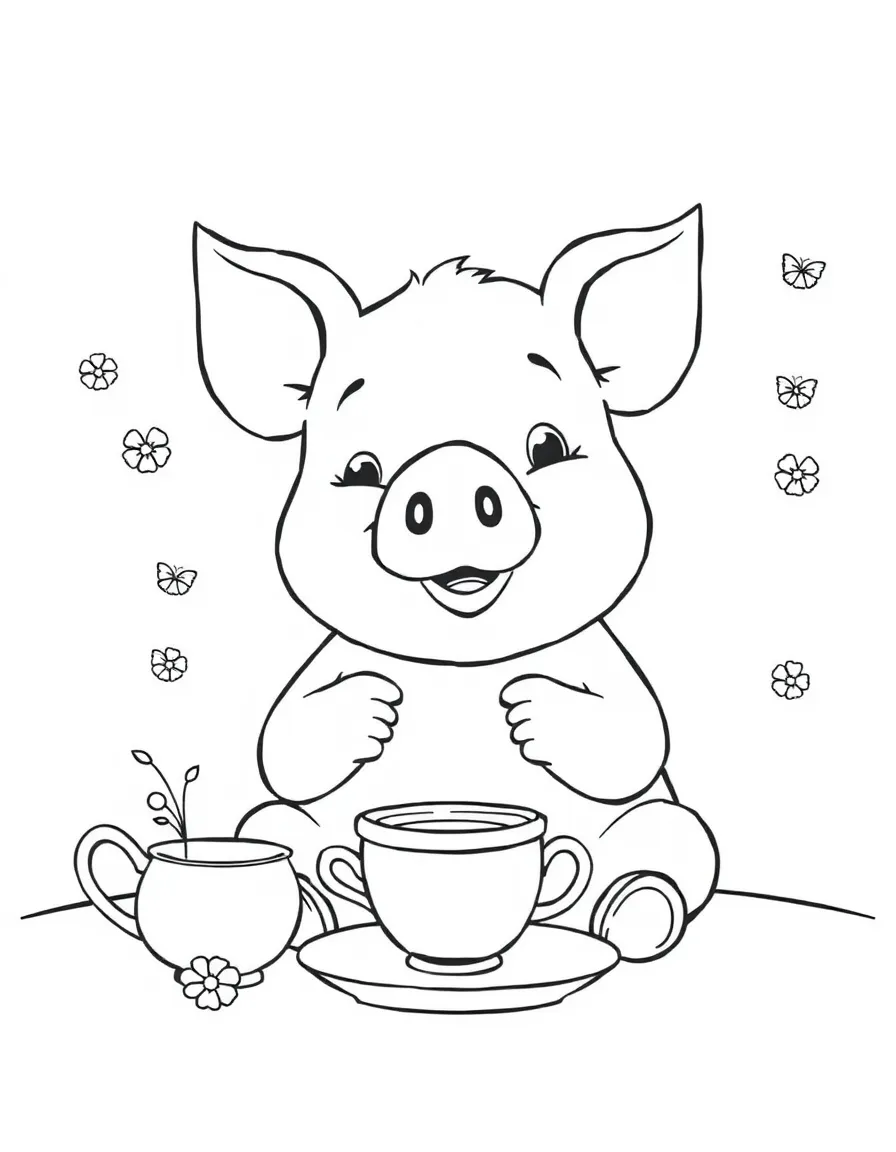 A cute pig is having a tea party.