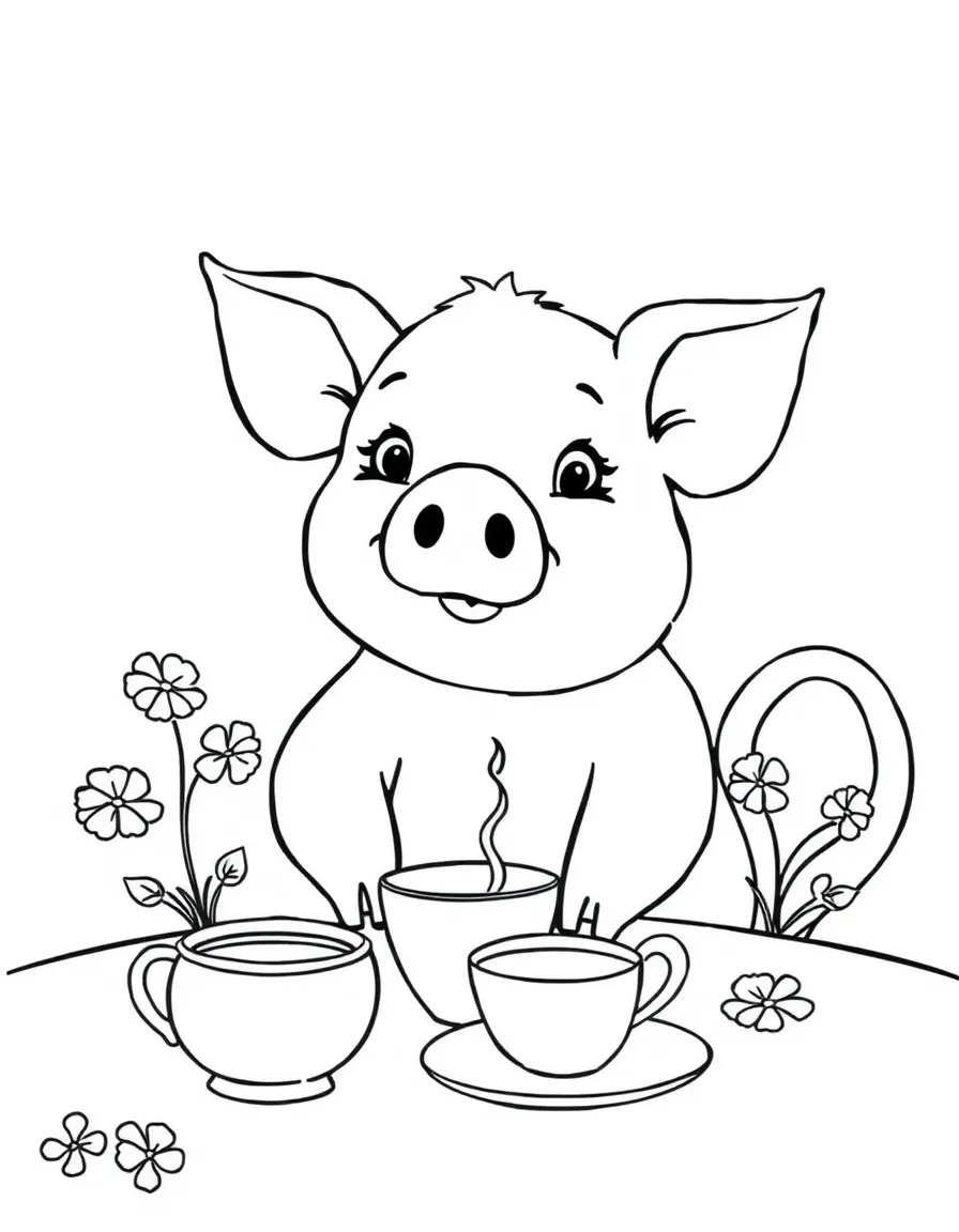 A cute pig is having a tea party.