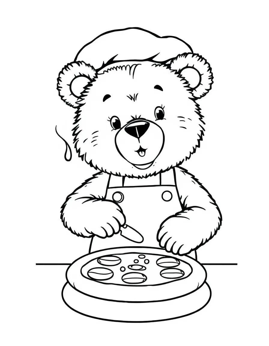 Teddy bear is cooking a pizza