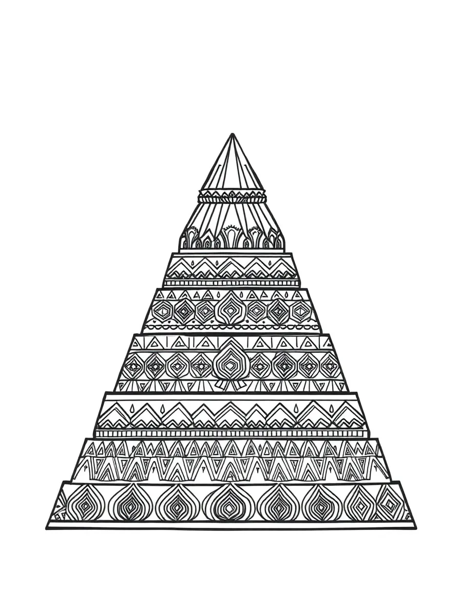 Pyramid structures with detailed base patterns that simplify toward the peaks