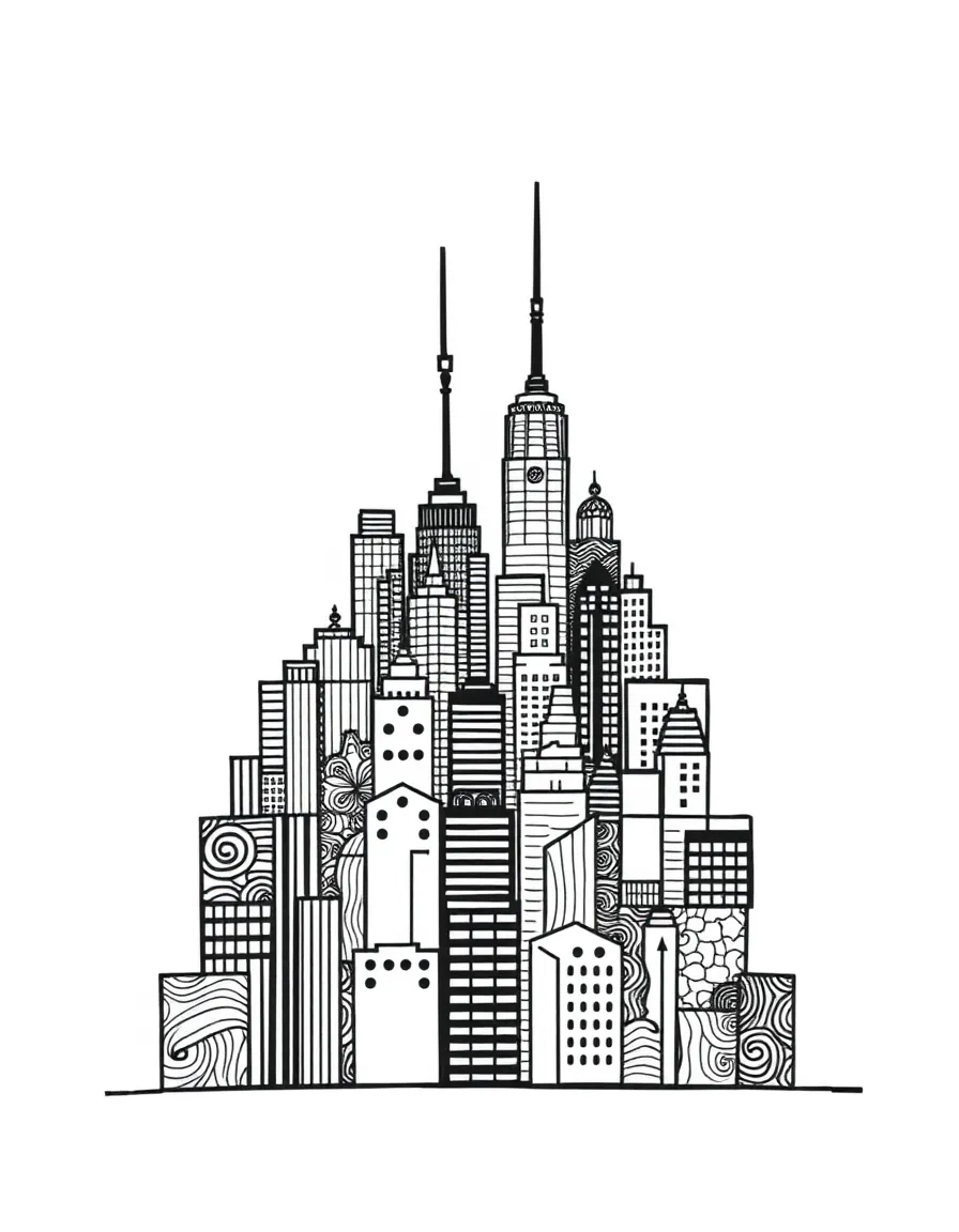 Layered rectangles with varying heights creating a cityscape silhouette filled with zentangle details