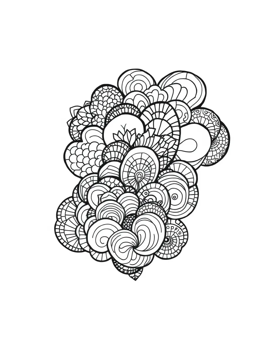 Cloud-like forms containing different density zentangle patterns to create visual depth