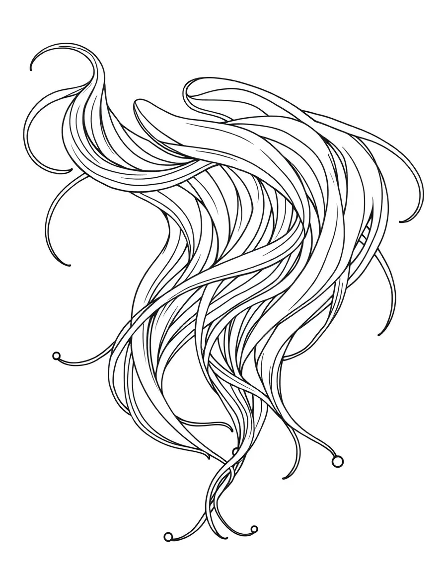 Flowing hair-like strands interweaving across the page with bead-like accents
