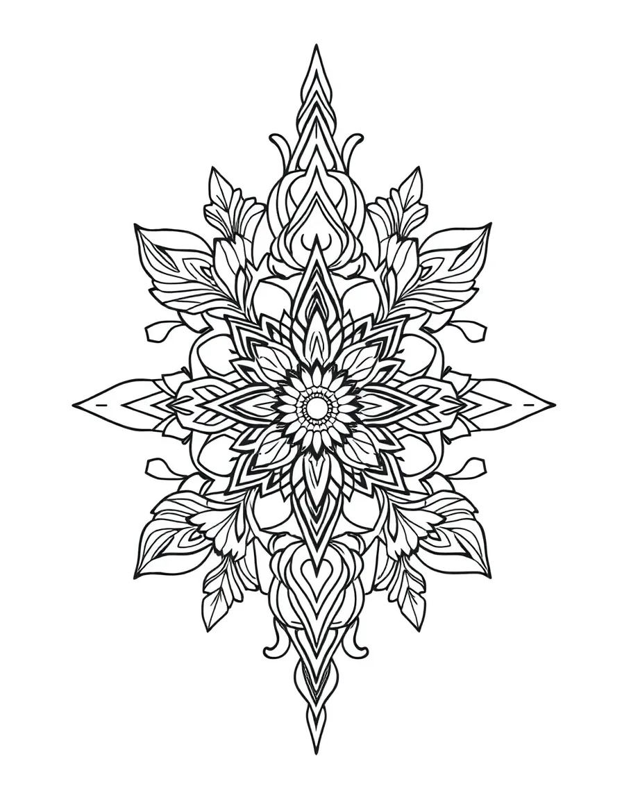 Half geometric, half organic design with intricate patterns creating harmony between the sides
