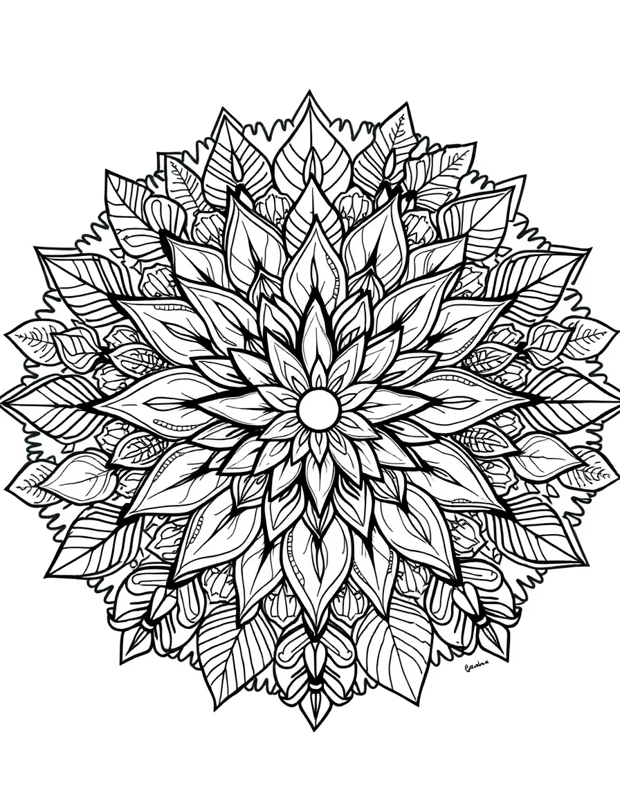 Nature-inspired mandala with leaf, petal, and vine motifs filled with zentangle details