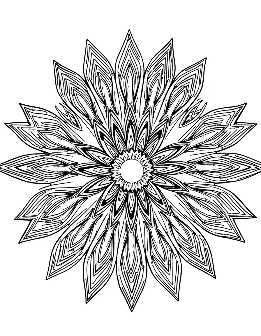 Star-burst mandala with pointed extensions containing detailed line work