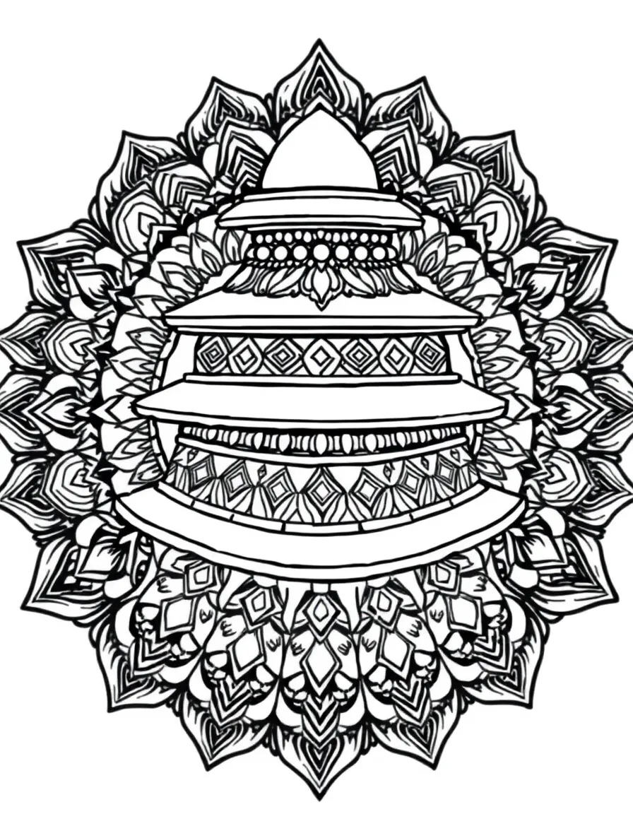 Tiered mandala with platform-like levels each featuring distinct pattern types