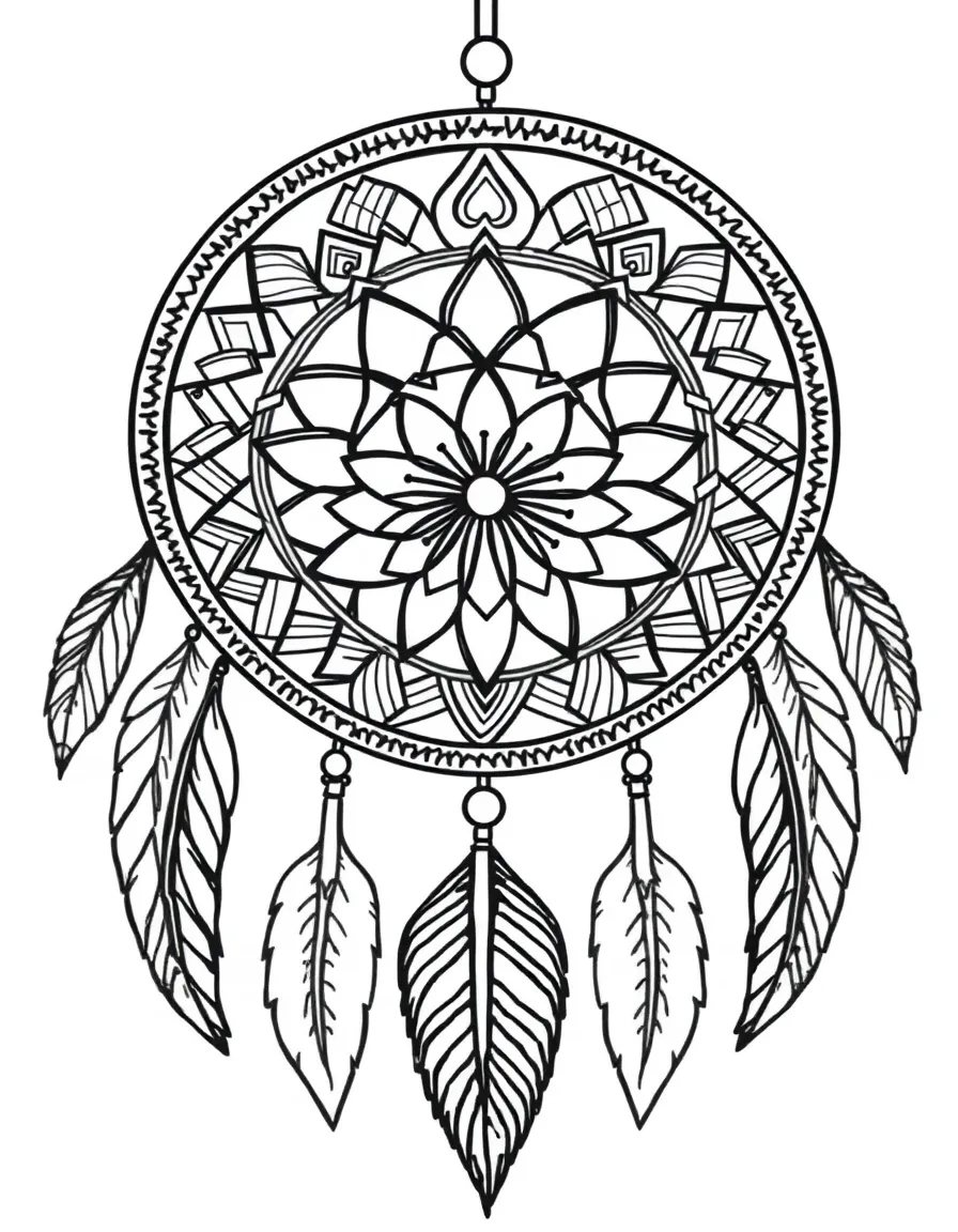 Dream catcher inspired circular design with feather-like patterns