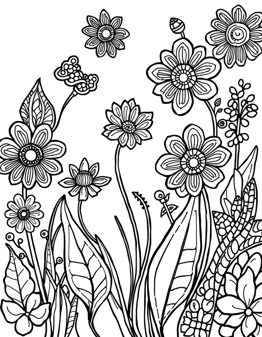 Abstract garden with flower and leaf forms filled with zentangle details