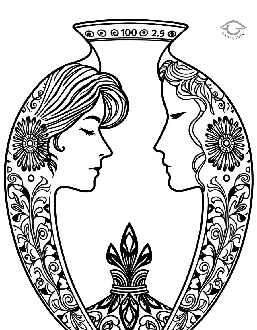 Hidden face profiles in vase-like negative space with pattern details