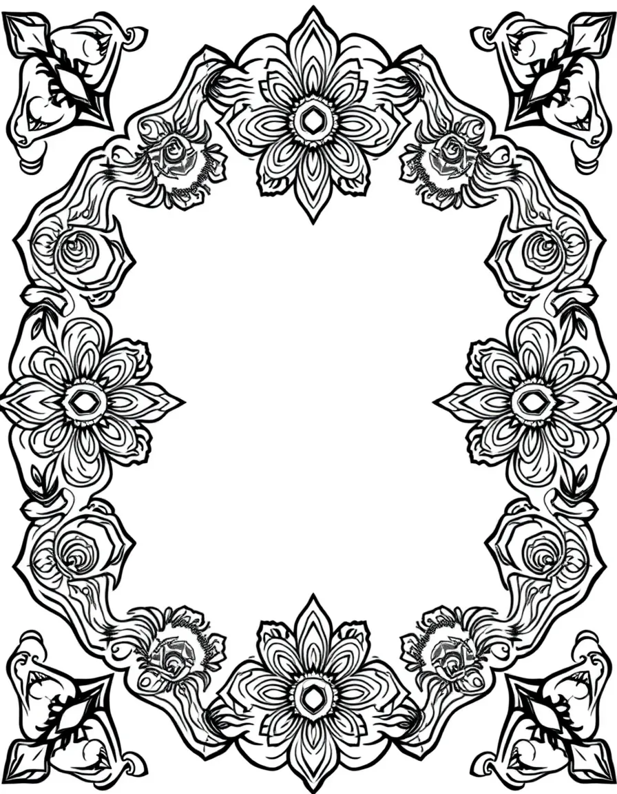 Geometric border with corner medallions containing detailed patterns
