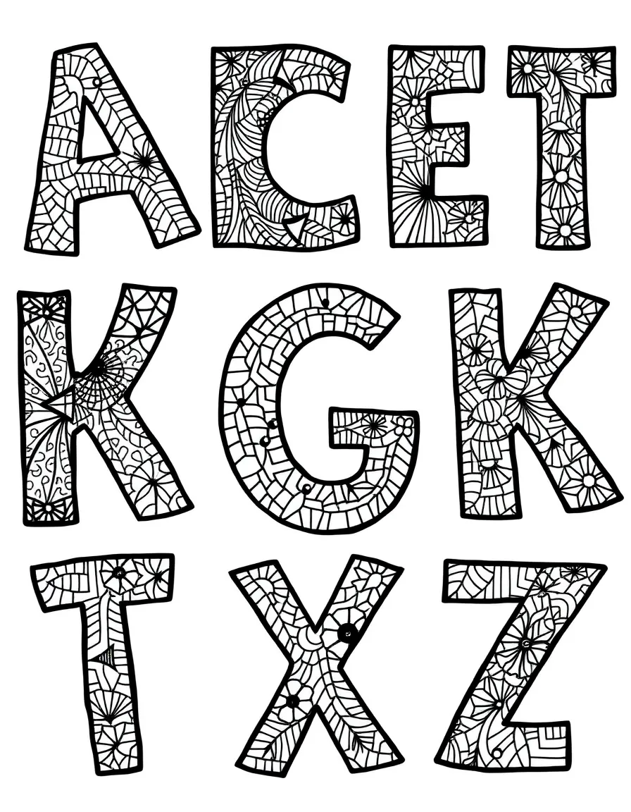Pattern-filled alphabets with each letter containing unique zentangle work
