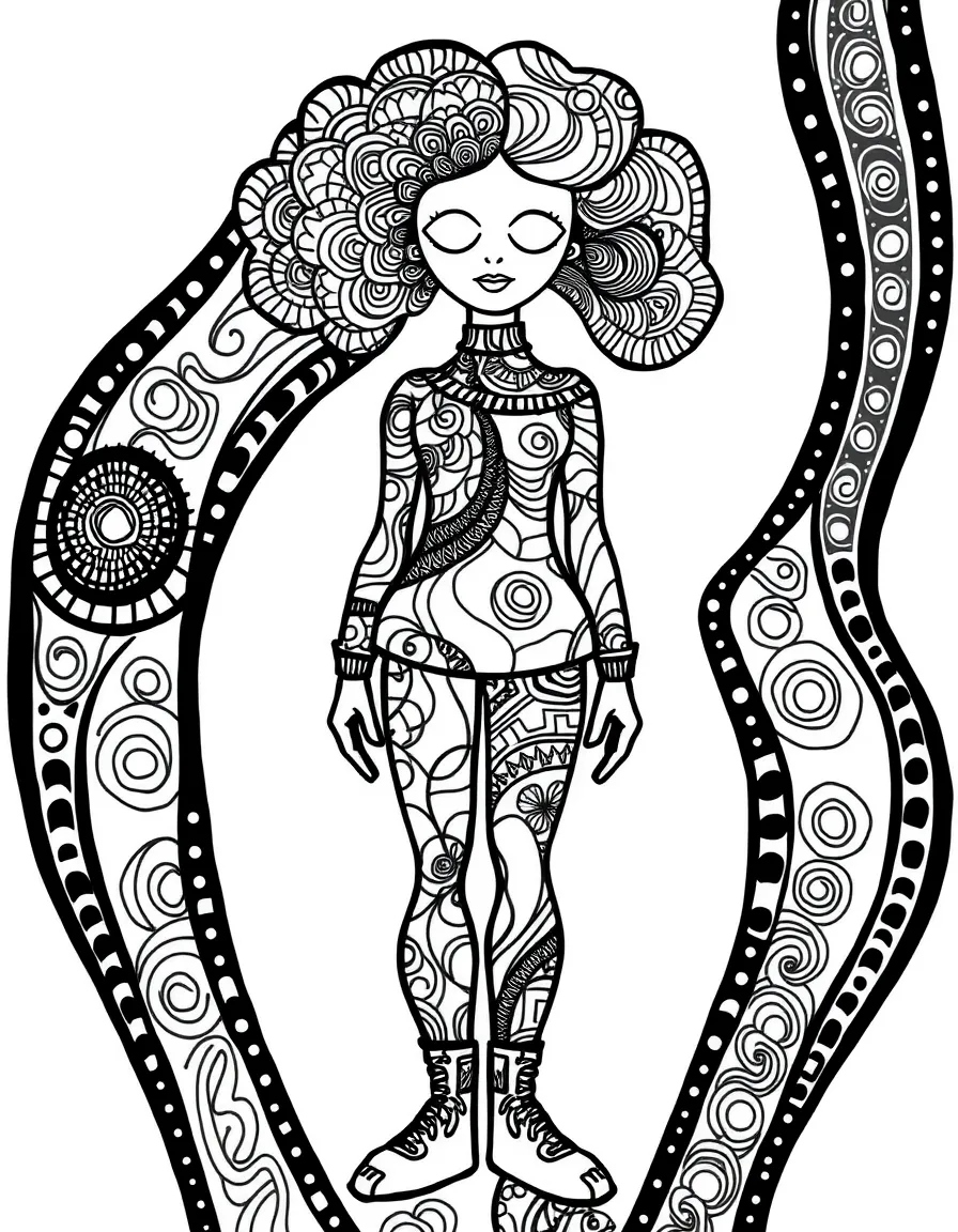 Abstracted figure forms with zentangle pattern clothing and features