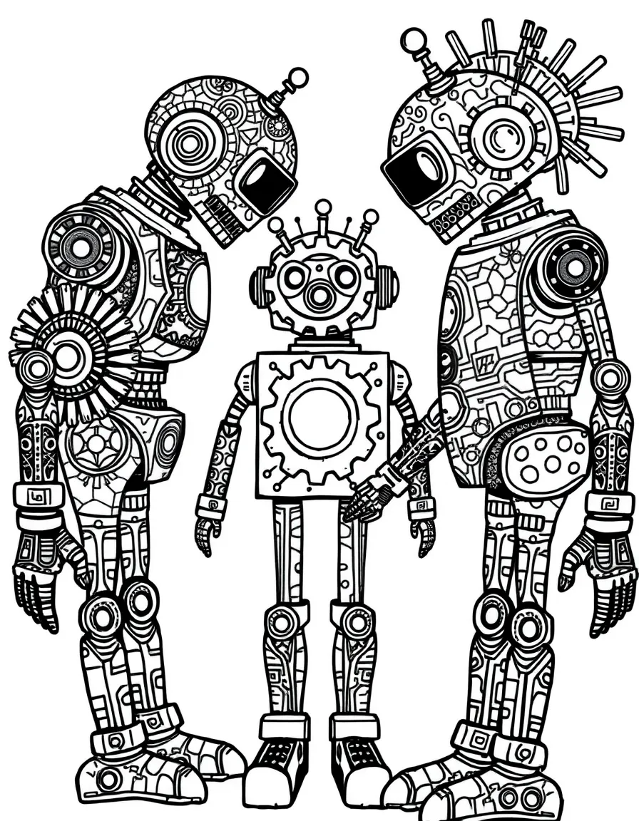 Zentangle robots with gear and circuit board pattern details