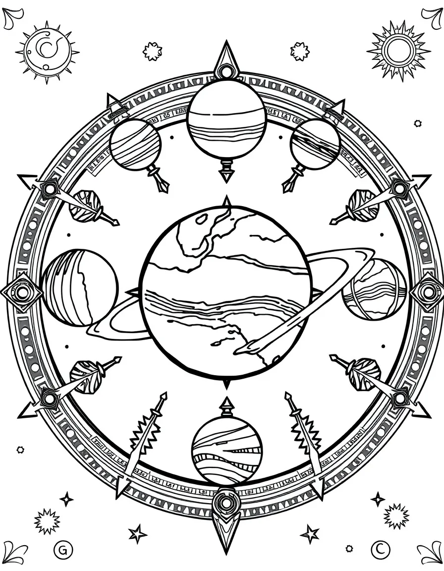 Astrological planet symbols with cosmic pattern details