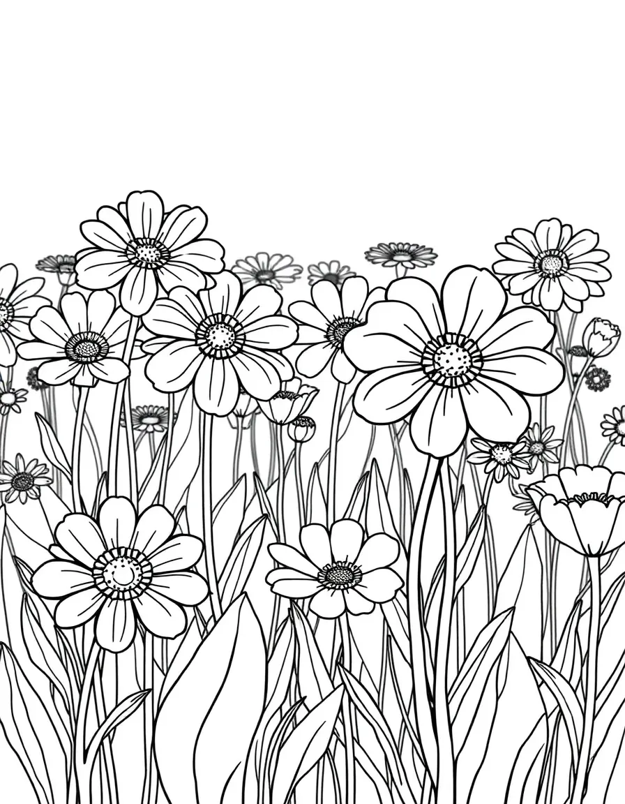 Field of pattern flowers with stem and petal details