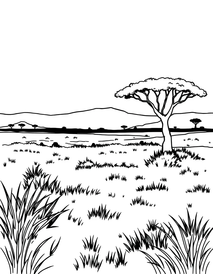 Safari landscape with grassland patterns and acacia tree silhouettes