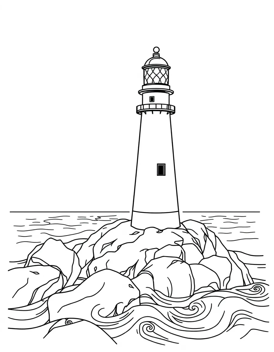 Lighthouse on rocky shore with wave pattern details