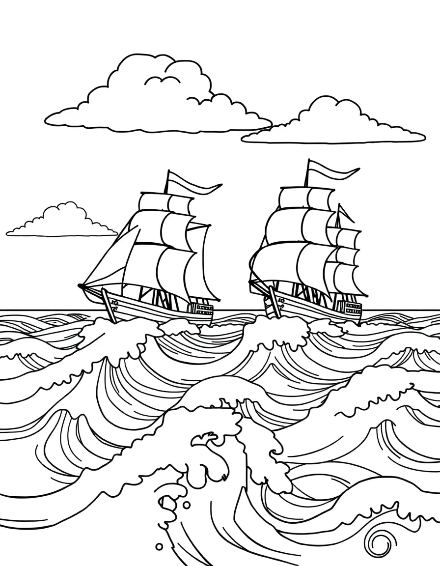 Sailing ships on pattern ocean with wave and cloud details