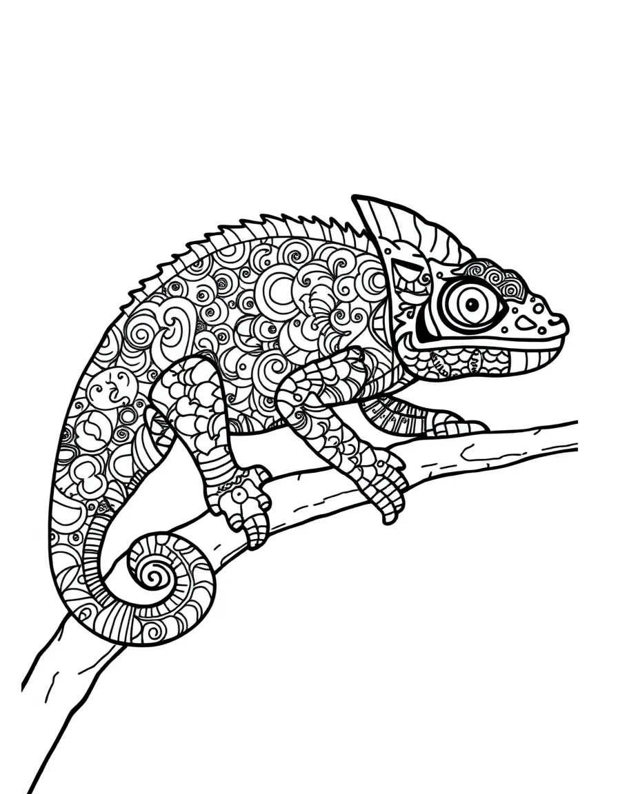 Zentangle chameleon with color-change pattern suggestion