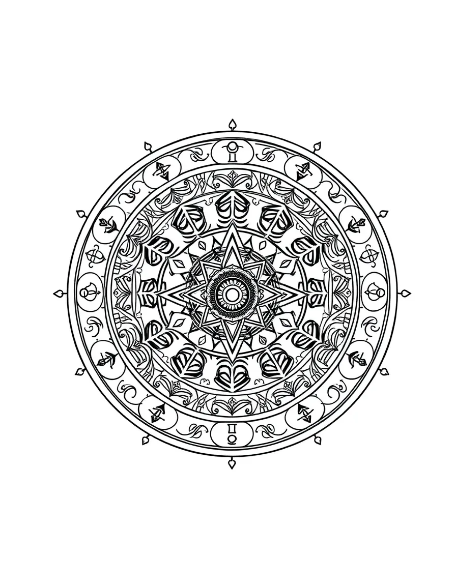 Zentangle zodiac wheel with symbolic pattern details
