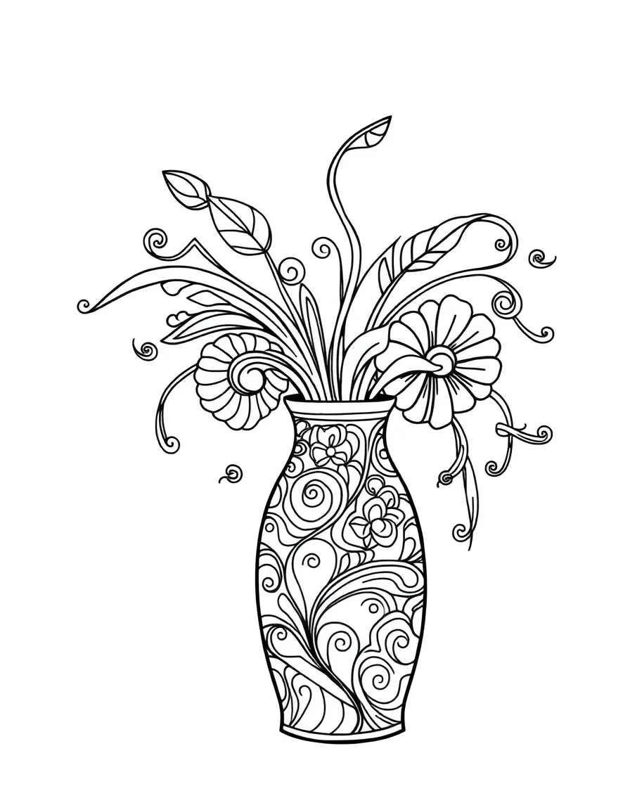 Zentangle vase with flowing decorative pattern elements