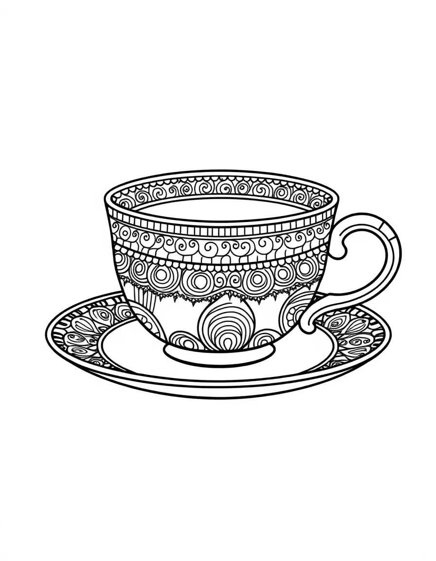 Zentangle cup and saucer with handle and rim patterns