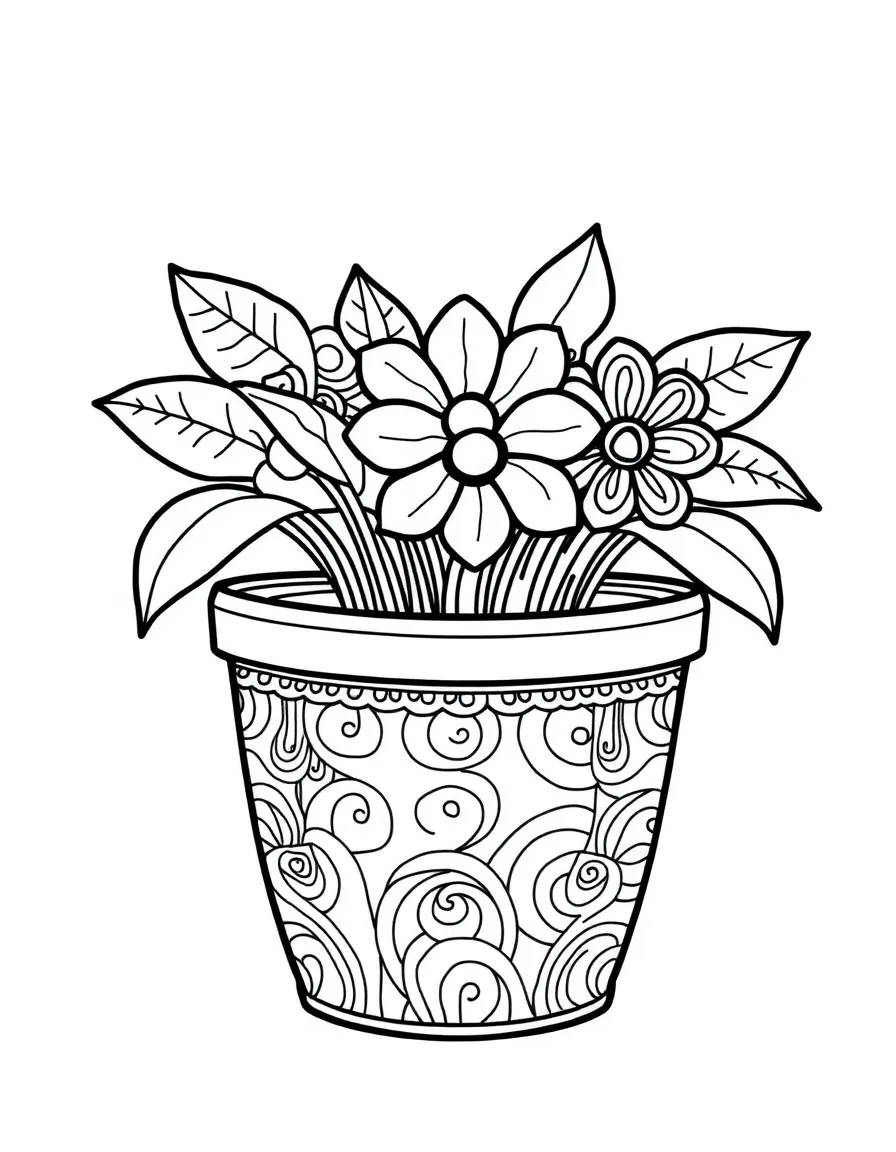 Zentangle flower pot with drainage and rim patterns