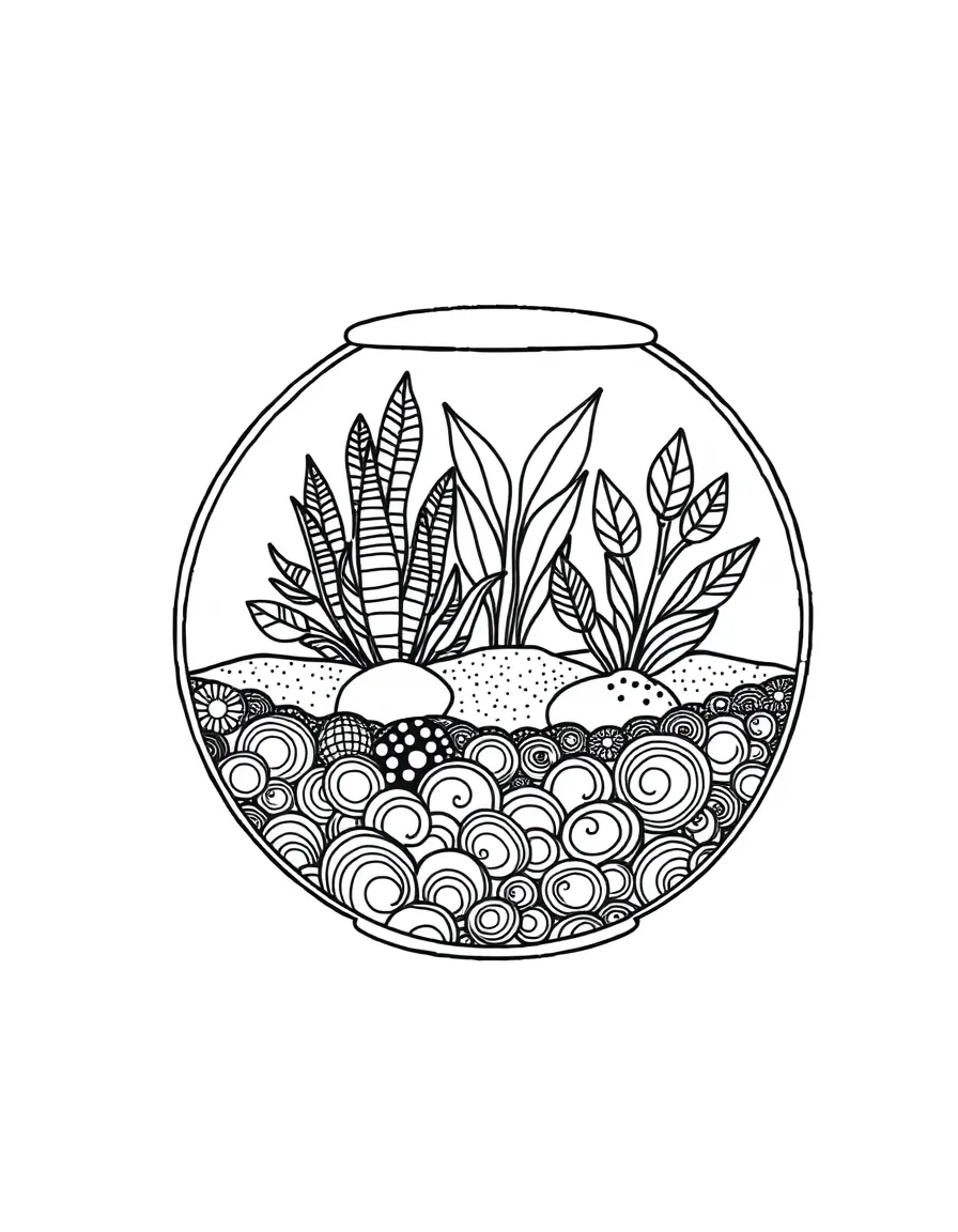 Zentangle terrarium with plant and substrate patterns