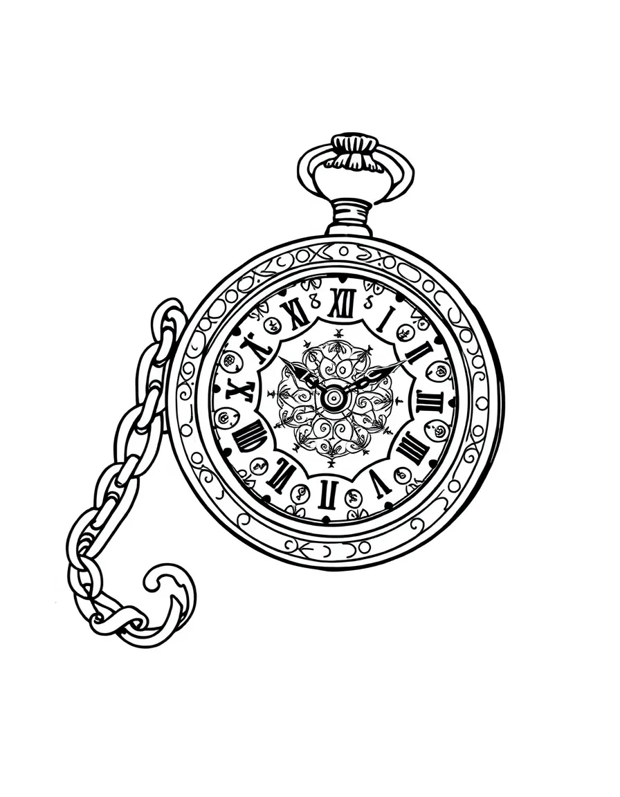 Zentangle pocket watch with chain and face details