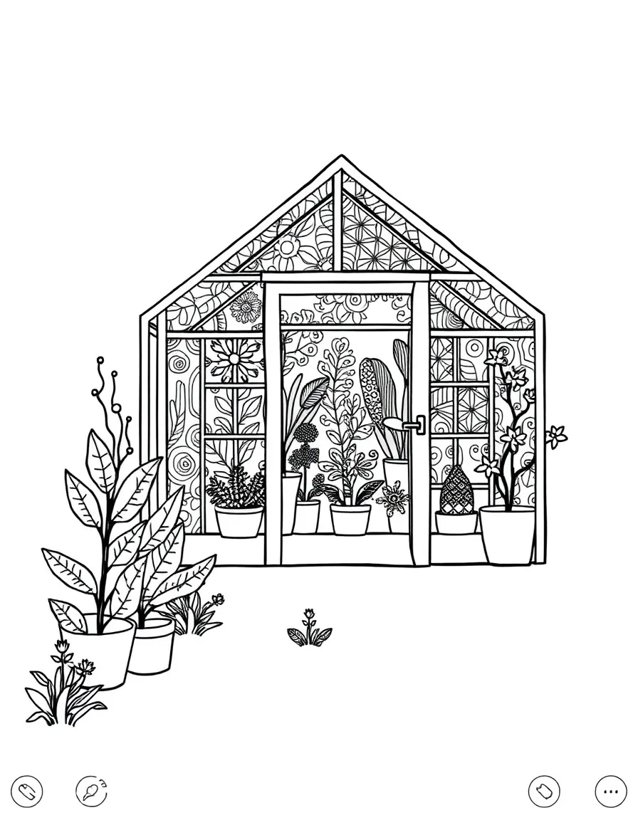 Zentangle greenhouse with panel and plant patterns