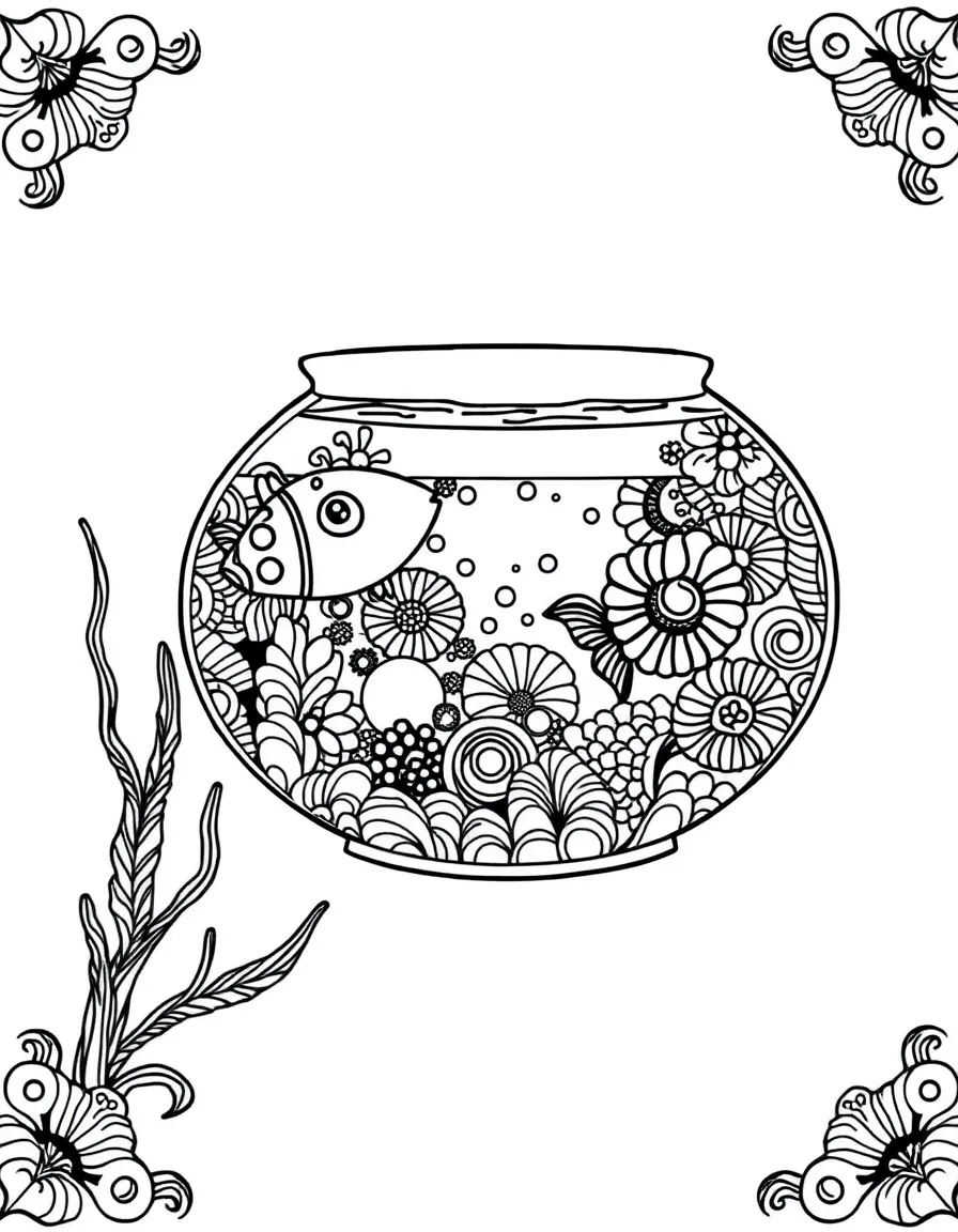 Zentangle aquarium with water and decoration patterns