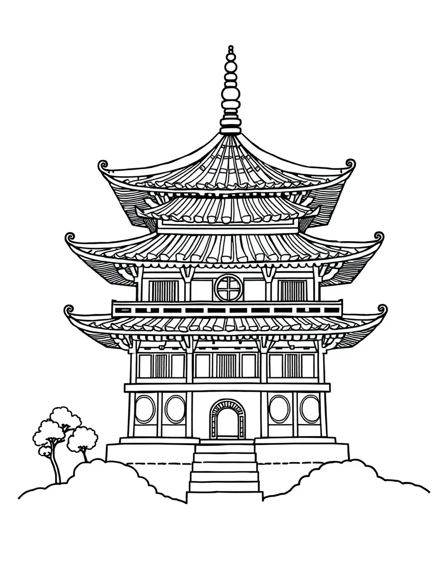 Zentangle pagoda with tiered roof pattern details