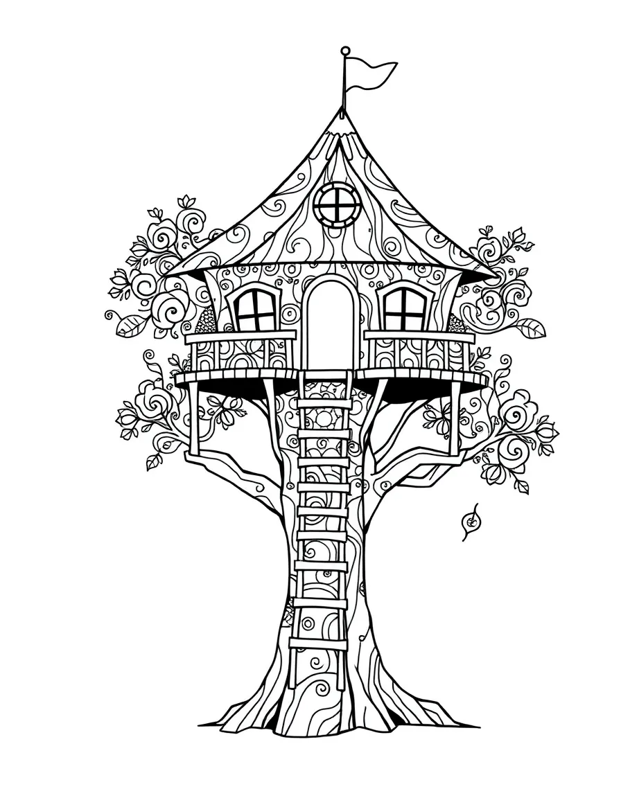 Zentangle treehouse with ladder and platform patterns
