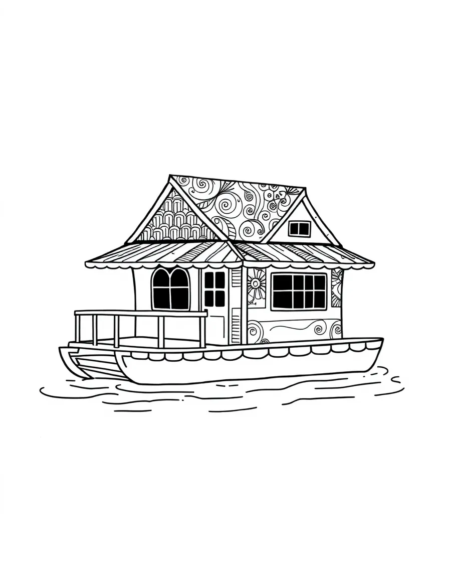 Zentangle floating house with pontoon and roof patterns