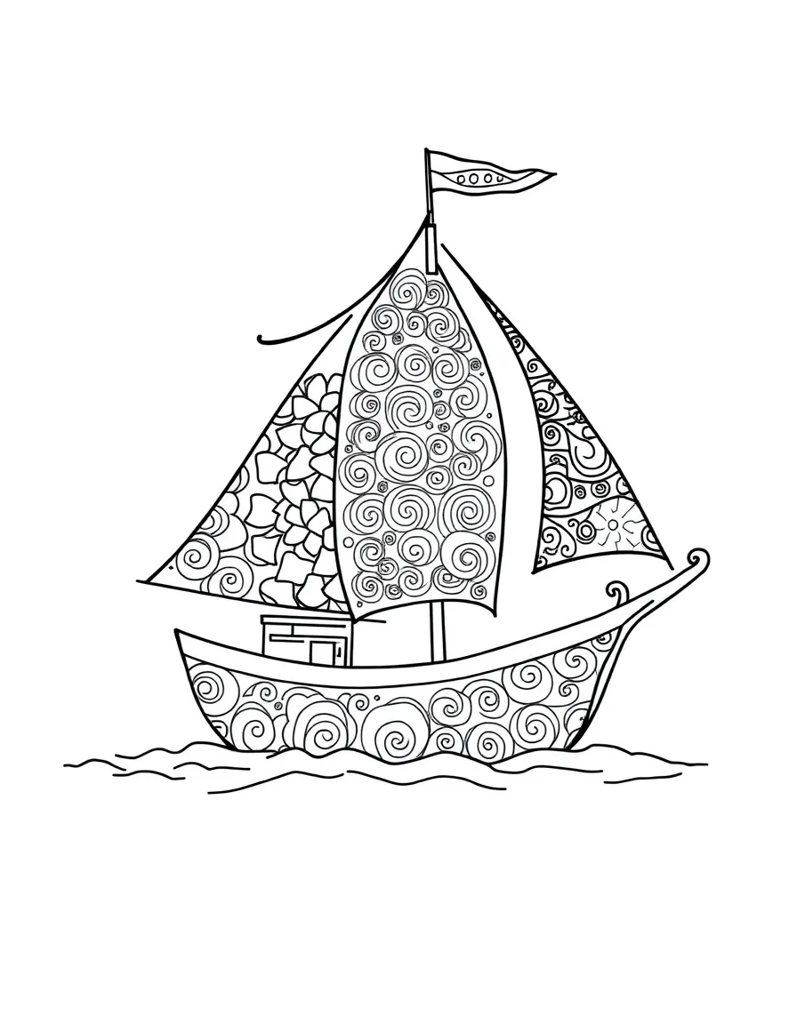 Zentangle sailing ship with sail and hull patterns