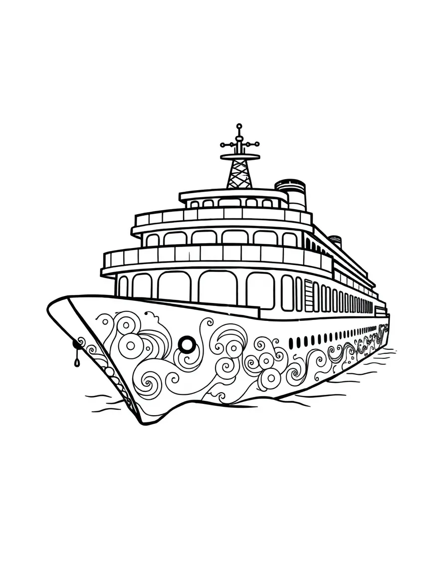 Zentangle cruise ship with deck and funnel patterns